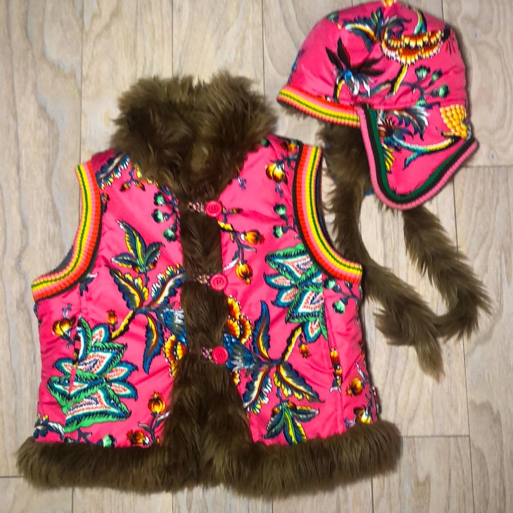 Oilily Floral Russian Ushanka Hat And Matching Vest Size 116 US size 6Y